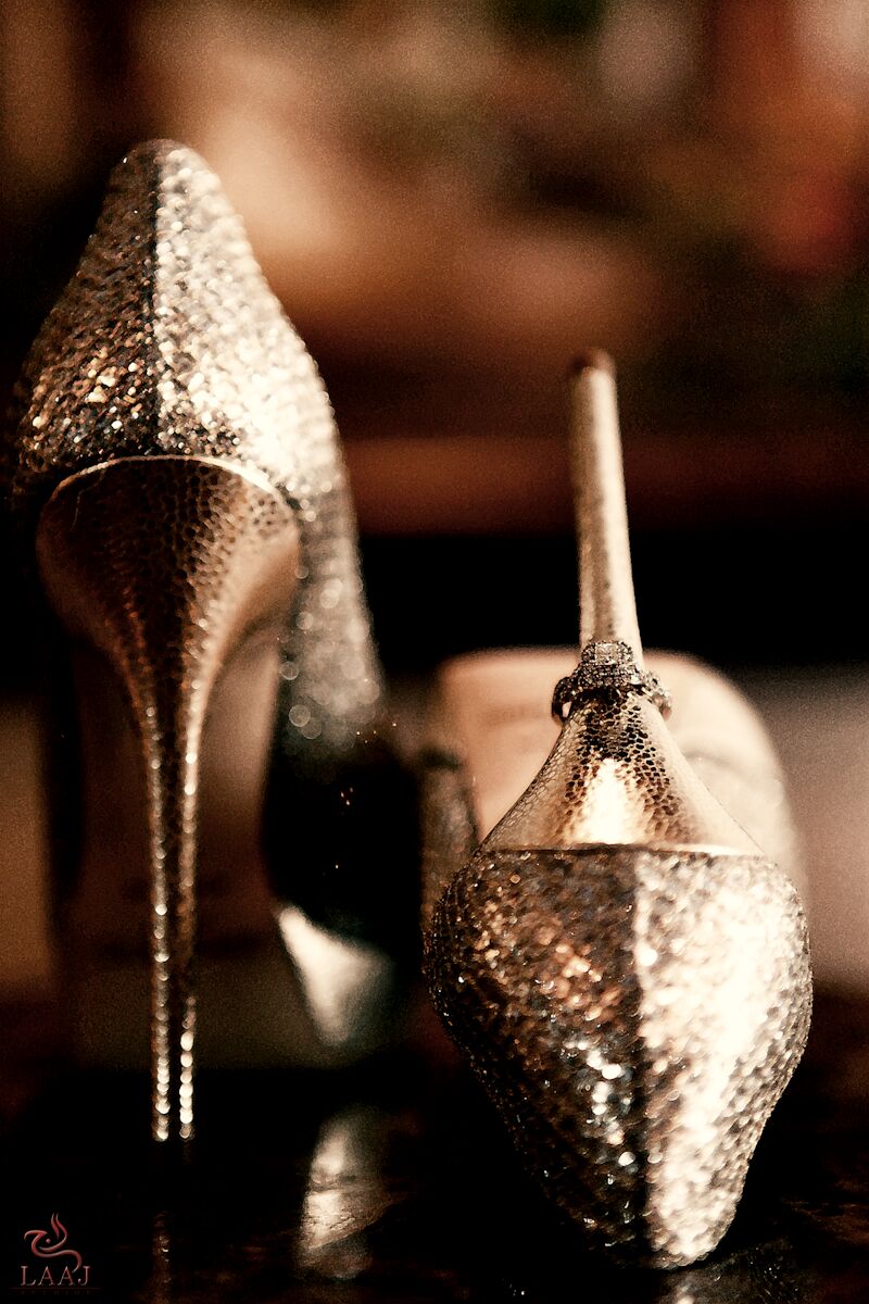 Gold glitter bridal heels in warm light